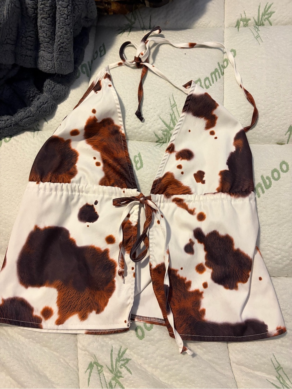 SHEIN Brown and White Cow Print Tie-Front Halter Top